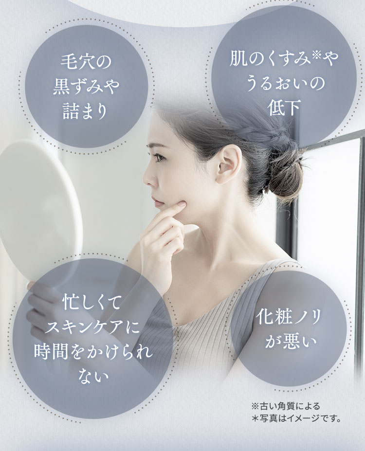 毛穴の黒ずみや詰まり,肌のくすみ※やうるおいの低下,忙しくてスキンケアに時間をかけられない,化粧ノリが悪い