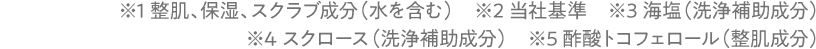 ※1 整肌、保湿、スクラブ成分（水を含む）　※2 当社基準　※3 海塩（洗浄補助成分） ※4 スクロース（洗浄補助成分）　※5 酢酸トコフェロール（整肌成分）