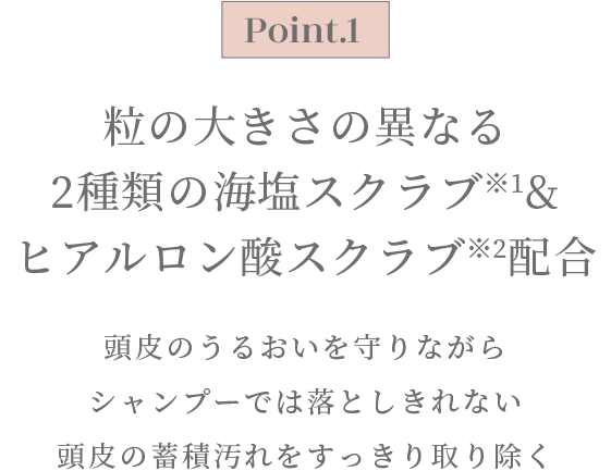 粒の大きさの異なる 2種類の海塩スクラブ※1& ヒアルロン酸スクラブ※2配合