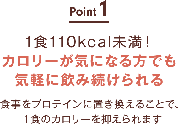 point01:1食110kcal未満！ カロリーが気になる方でも 気軽に飲み続けられる