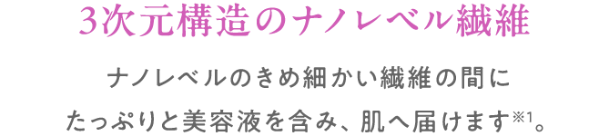 3次元構造のナノレベル繊維:ナノレベルのきめ細かい繊維の間にたっぷりと美容液を含み、肌へ届けます※1。