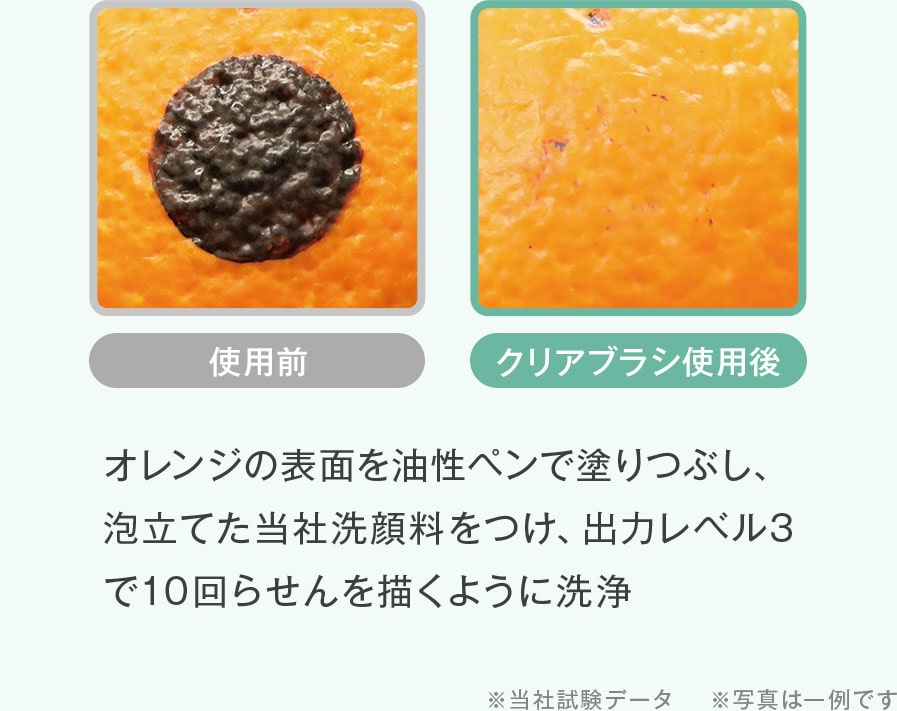 オレンジの表面を油性ペンで塗りつぶし、泡立てた当社洗顔料をつけ、出力レベル3で10回らせんを描くように洗浄
