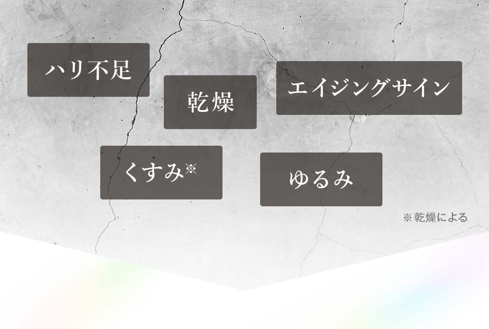 ハリ不足,乾燥、エイジングサイン、くすみ*、ゆるみ