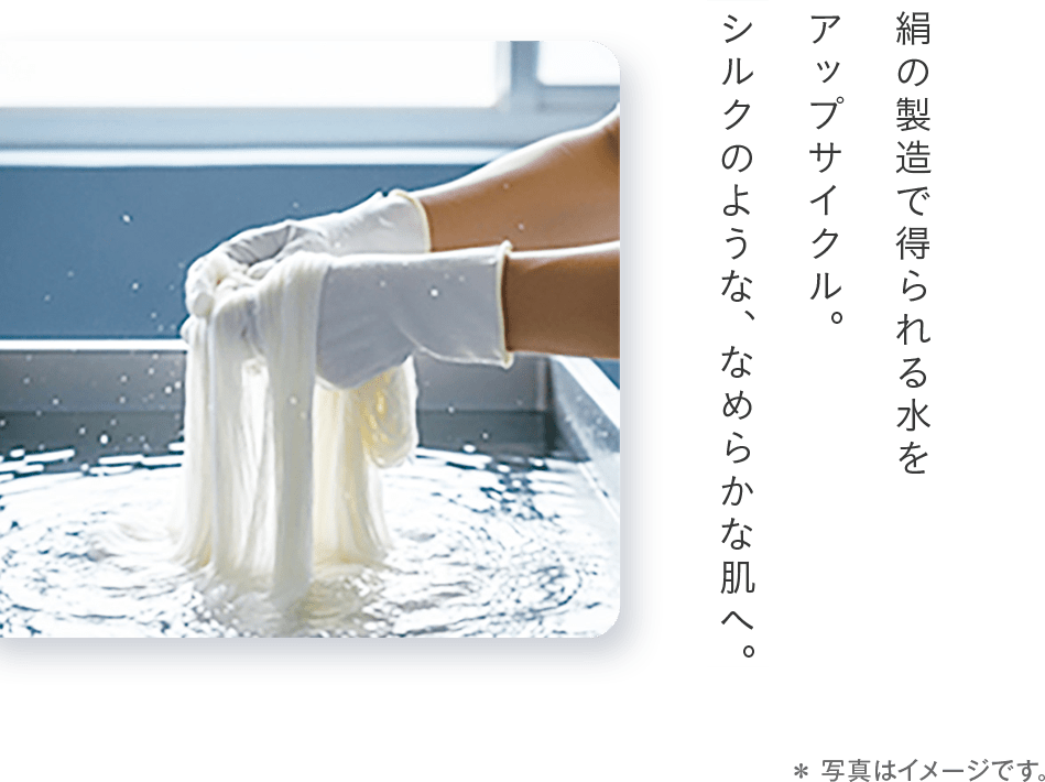 絹の製造で得られる水を アップサイクル。 シルクのような、なめらかな肌へ。