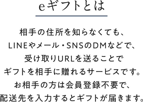 e-Giftとは：相手の住所を知らなくても、LINEやメール・SNSのDMなどで、受け取りURLを送ることでギフトを相手に贈れるサービスです。お相手の方は会員登録不要で、配送先を入力するとギフトが届きます。