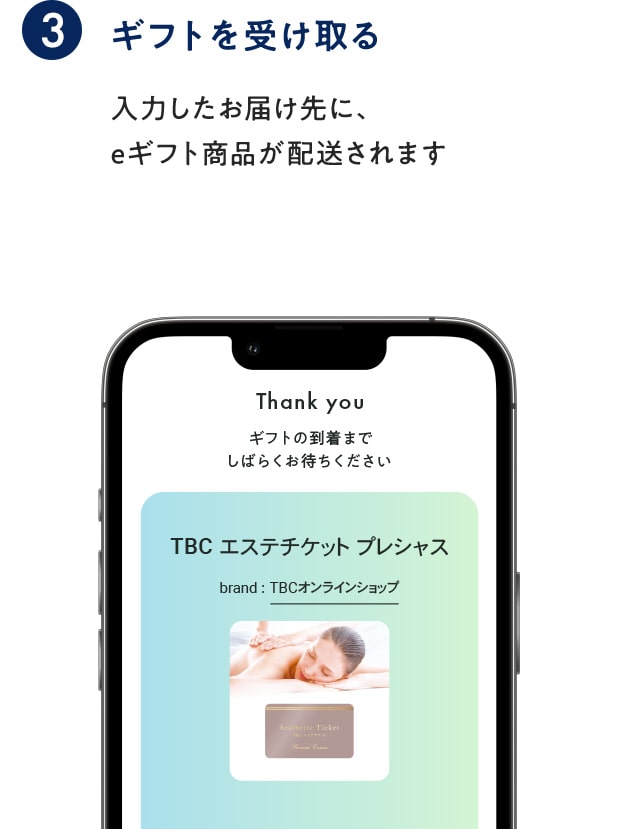 ギフトを受け取る：入力したお届け先に、eギフト商品が配送されます