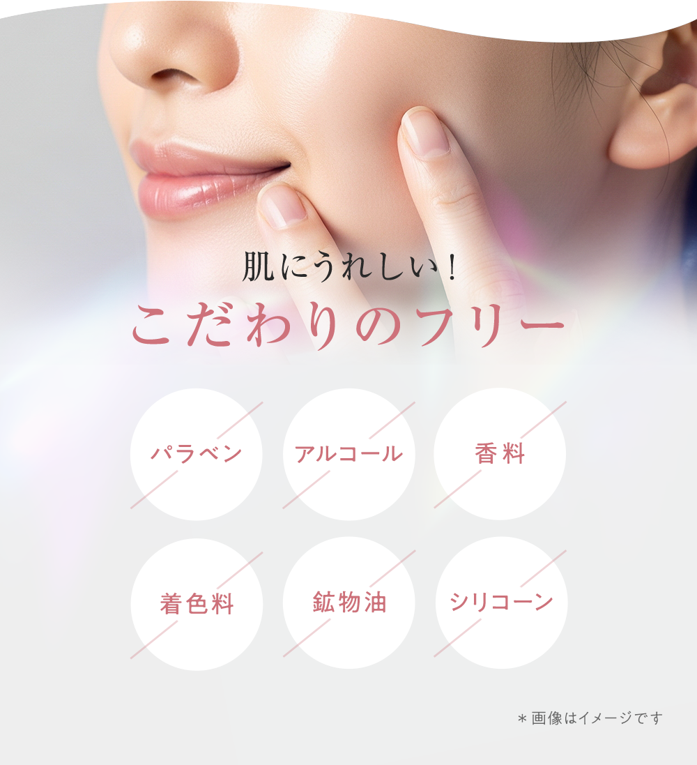 こだわりのフリー(パラベン、アルコール、香料、着色料、鉱物油、シリコーンは無配合)