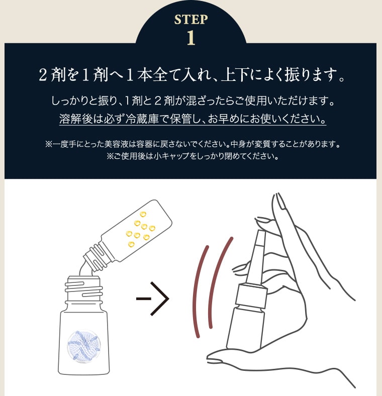 2剤を1剤へ1本全て入れ、上下によく振ります。しっかりと振り、1剤と2剤が混ざったらご使用いただけます。溶解後は必ず冷蔵庫で保管し、お早めにお使いください。