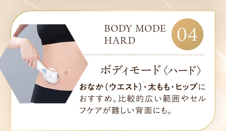 おなか（ウエスト）・太もも・ヒップに おすすめ。比較的広い範囲やセル フケアが難しい背面にも。