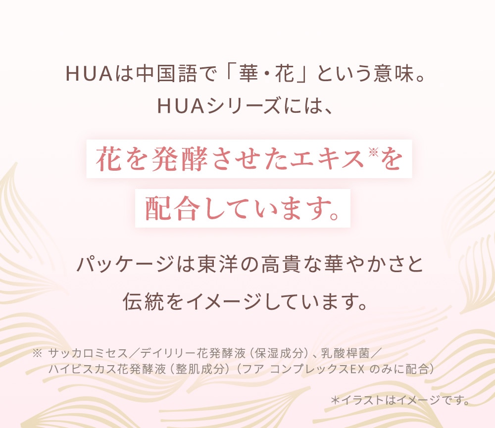 HUAは中国語で「華・花」という意味。HUAシリーズには、花を発酵させたエキス※を配合しています。