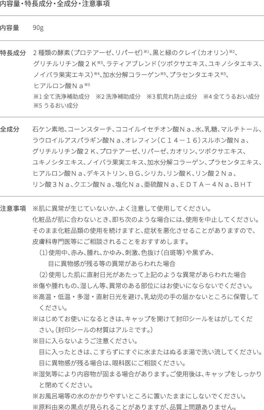 内容量・特長成分・全成分・注意事項