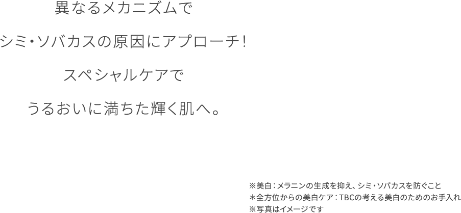 異なるメカニズムで シミ・ソバカスの原因にアプローチ！ スペシャルケアで うるおいに満ちた輝く肌へ。