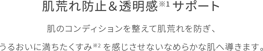肌のコンディションを整えて肌荒れを防ぎ、うるおいに満ちたくすみ※2を感じさせないなめらかな肌へ導きます。