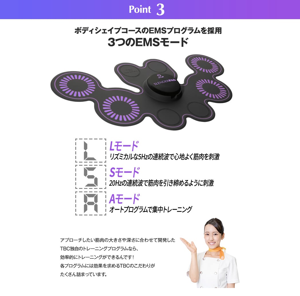 Point3 ボディシェイプコースのEMSプログラムを採用 3つのEMSモード