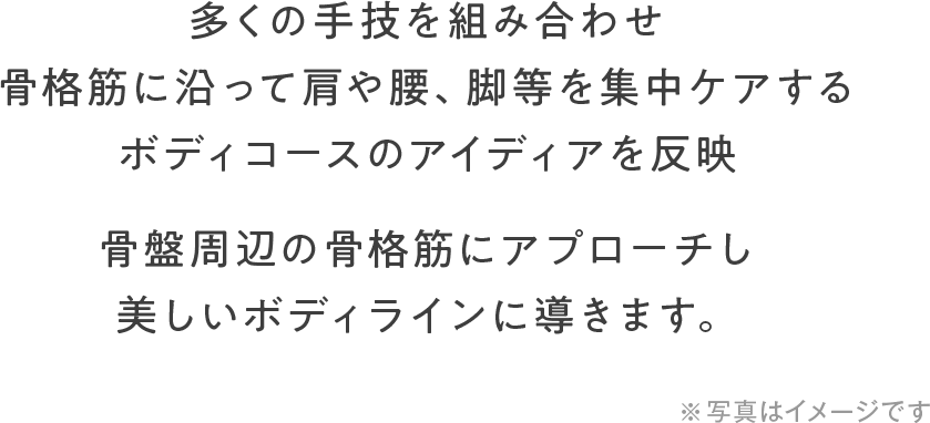 多くの手技を組み合わせ 骨格筋に沿って肩や腰、脚等を集中ケアする ボディコースのアイディアを反映 骨盤周辺の骨格筋にアプローチし美しいボディラインに導きます